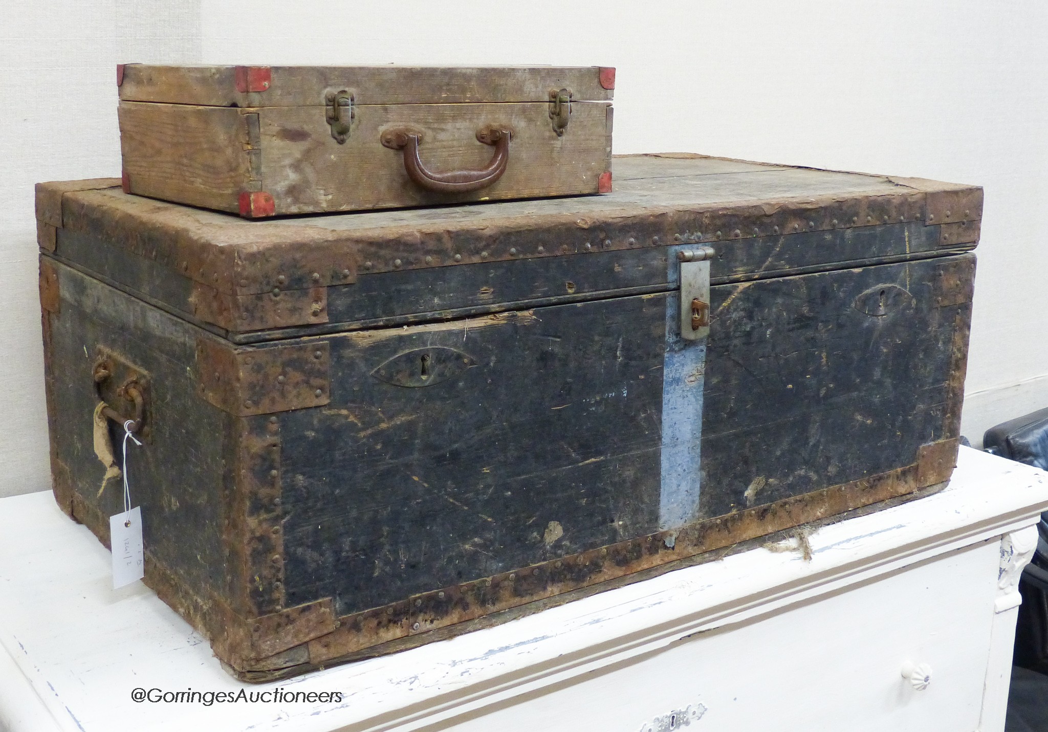 A Victorian iron bound lead-lined trunk, together with a later pine box. Larger, W-91, D-52, H-37cm.